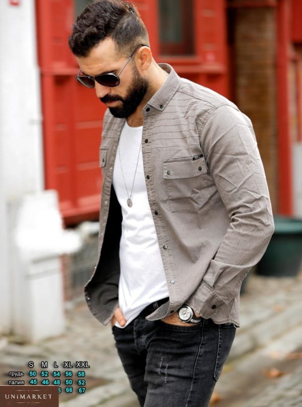 Замовити сіро-бежевого кольору чоловічу джинсову сорочку на кнопках (розмір 46-54) в інтернеті на осінь