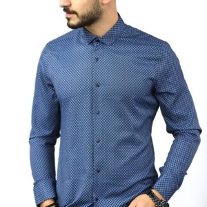 Купить синюю мужскую хлопковую рубашку в мелкий узор (размер 46-54) онлайн