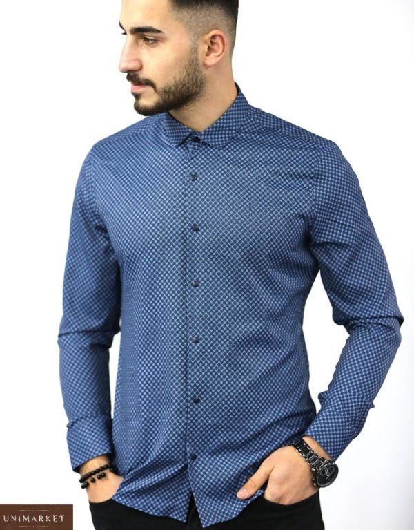 Купити синю чоловічу бавовняну сорочку в дрібний візерунок (розмір 46-54) онлайн