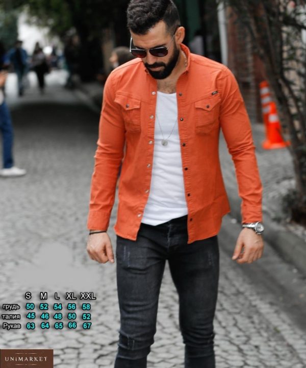 Замовити для чоловіків джинсову морквяного кольору сорочку на кнопках (розмір 46-54) в Україні