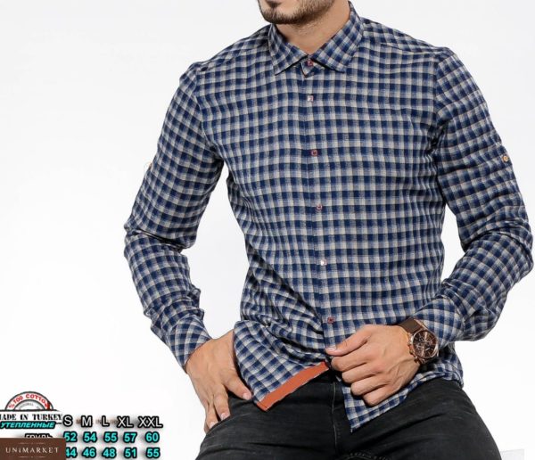 Приобрести серо-синюю мужскую утепленную рубашку в клетку с цветными манжетами (размер 46-54) недорого