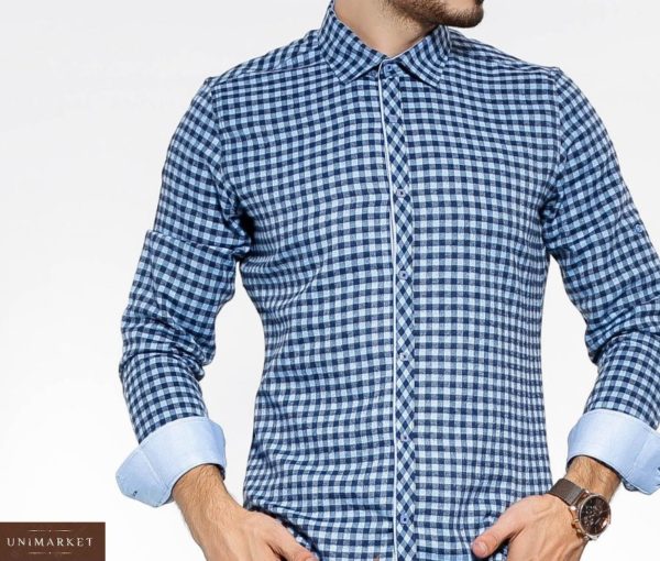 Замовити синьо-блакитну утеплену чоловіча сорочка в клітку з кольоровими манжетами (розмір 46-54) в інтернеті