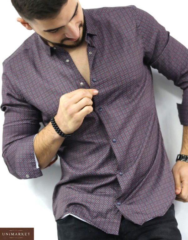 Замовити фіолетову чоловічу бавовняну сорочку в дрібний візерунок (розмір 46-54) онлайн