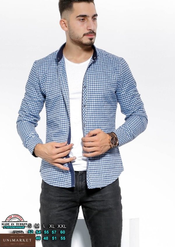 Придбати темно синю-блакитну утеплену сорочку в клітку з кольоровими манжетами (розмір 46-54) в інтернеті для чоловіків