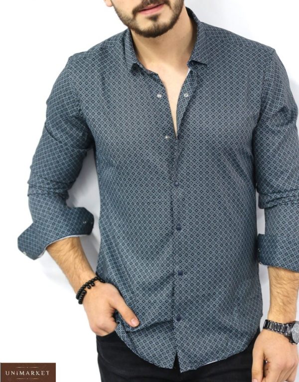 Купить синюю мужскую хлопковую рубашку в мелкий узор (размер 46-54) на праздник онлайн