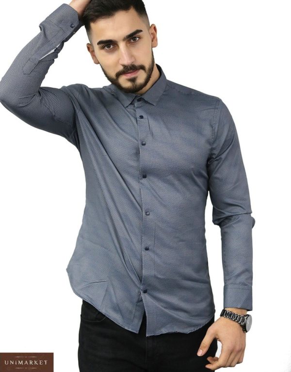 Заказать на новый год по скидке мужскую хлопковую рубашку в мелкий узор (размер 46-54) синего цвета