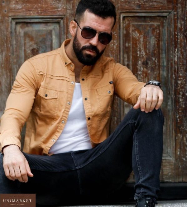 Приобрести песочную джинсовую рубашку на кнопках (размер 46-54) мужскую по низким ценам