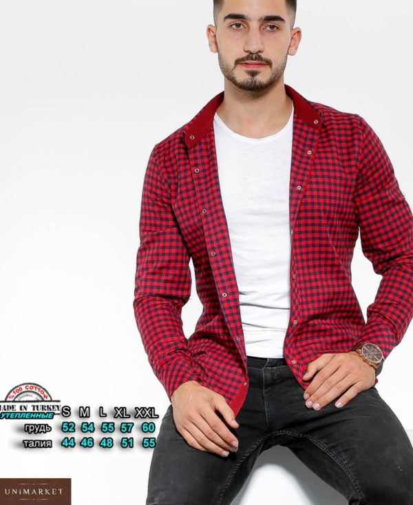 Купити червоного кольору утеплену сорочку в клітку з кольоровими манжетами (розмір 46-54) для чоловіків по знижці