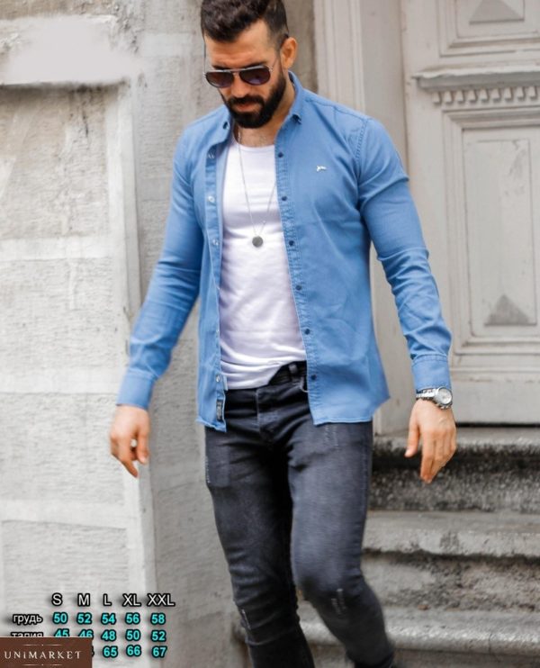 Заказать голубого цвета мужскую джинсовую рубашку на кнопках (размер 46-54) выгодно