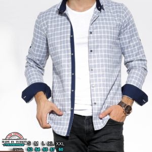 Заказать бело-голубую выгодно утепленную рубашку в клетку с цветными манжетами (размер 46-54) для мужчин