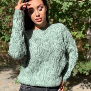 Купити на осінь вовняний светр фісташка для жінок з візерунком недорого