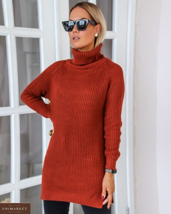 Заказать терракот удлиненный свитер с высоким горлом (размер 42-48) для женщин на осень выгодно