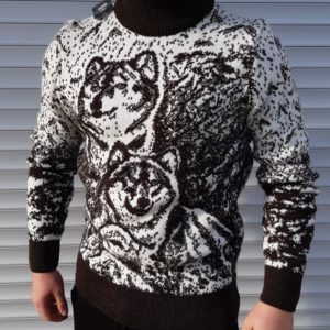 Купить черно-белый мужской Теплый шерстяной свитер с оленем/волком (размер 46-52) по скидке