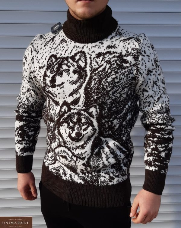 Купить черно-белый мужской Теплый шерстяной свитер с оленем/волком (размер 46-52) по скидке