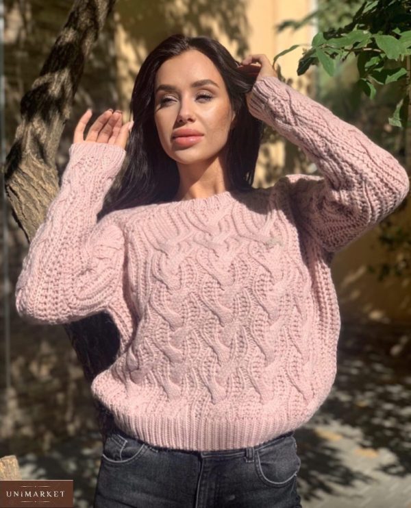 Купити жіночий вовняний светр кольору пудра з візерунком онлайн
