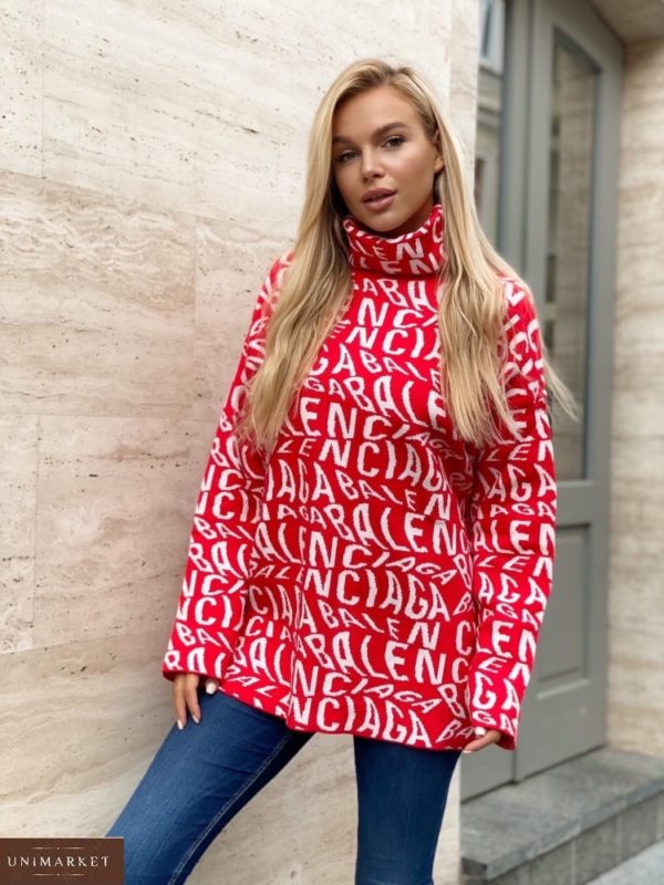 Заказать красный удлиненный женский свитер под горло с лого Balenciaga по скидке