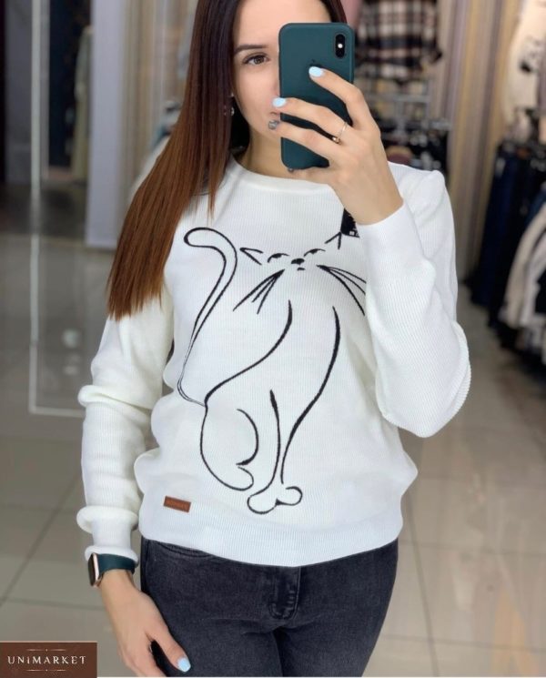 Замовити білого кольору трикотажний светр з принтом кішка жіночий в Україні