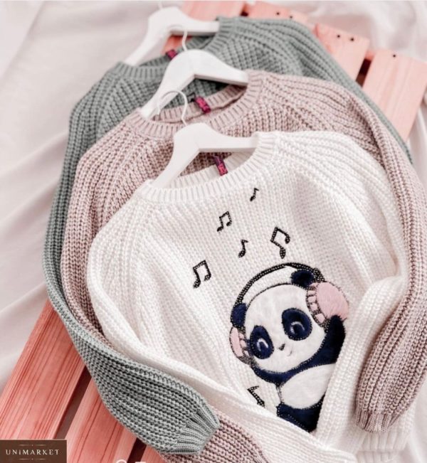 Замовити білий, сірий, пудра в'язаний светр жіночий з принтом панда в навушниках онлайн