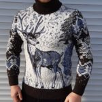 Приобрести зимний мужской Теплый шерстяной свитер с оленем/волком (размер 46-52) черно-белого цвета выгодно