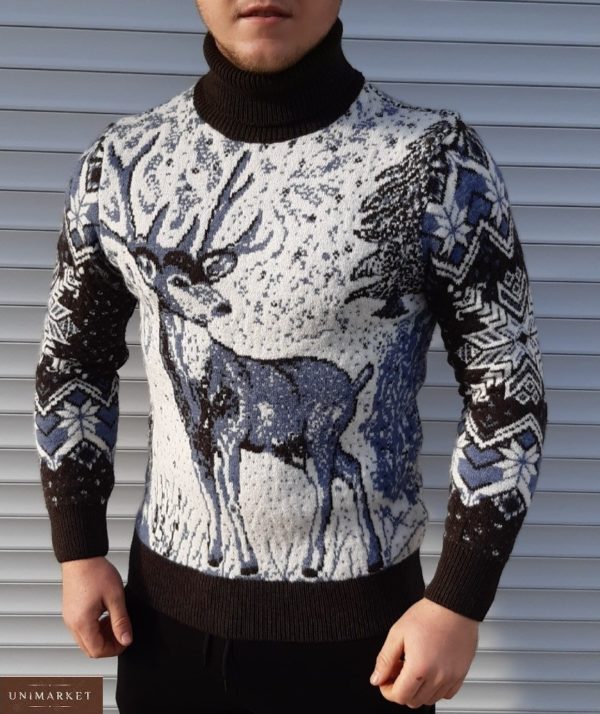 Придбати зимовий чоловічий Теплий вовняний светр з оленем / вовком (розмір 46-52) чорно-білого кольору вигідно