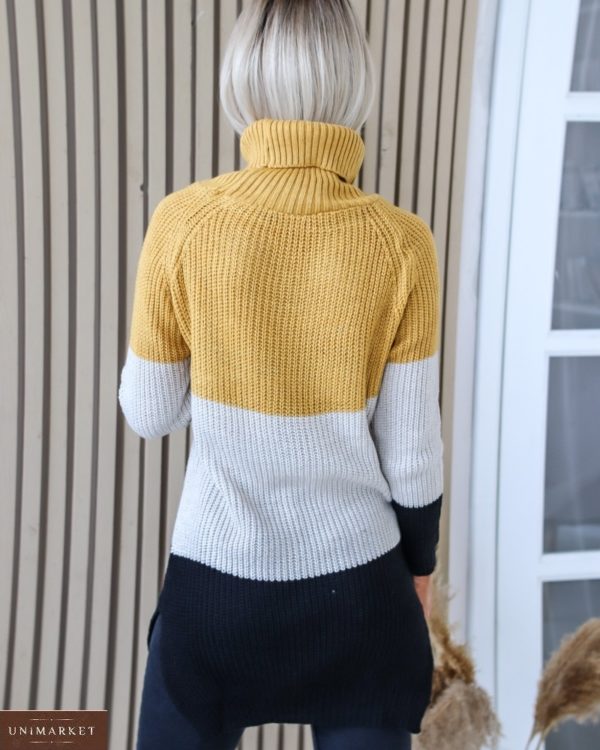 Придбати светр триколірний жіночий гірчиця з високим горлом (розмір 42-48) недорого