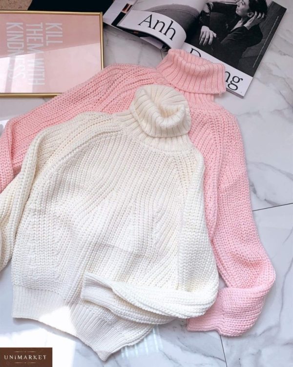 Приобрести белый, пудра объемный свитер с двойной горловиной для женщин в интернете