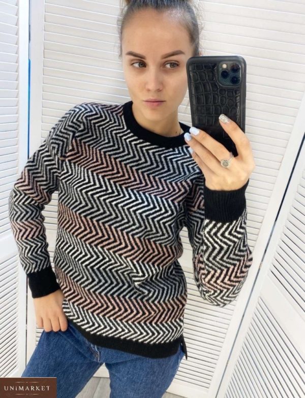 Придбати чорний різнокольоровий в'язаний светр в смужку для жінок вигідно