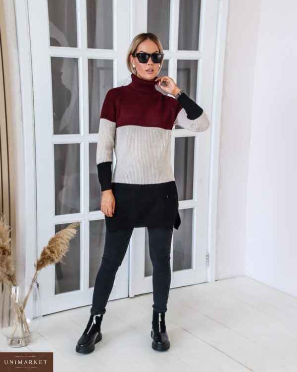 Замовити бордо светр для жінок триколірний з високим горлом (розмір 42-48) по знижці