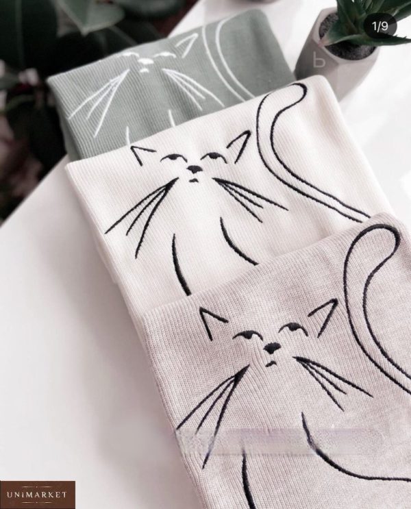 Приобрести беж, белый, оливка трикотажный свитер с принтом кошка для женщин в интернете