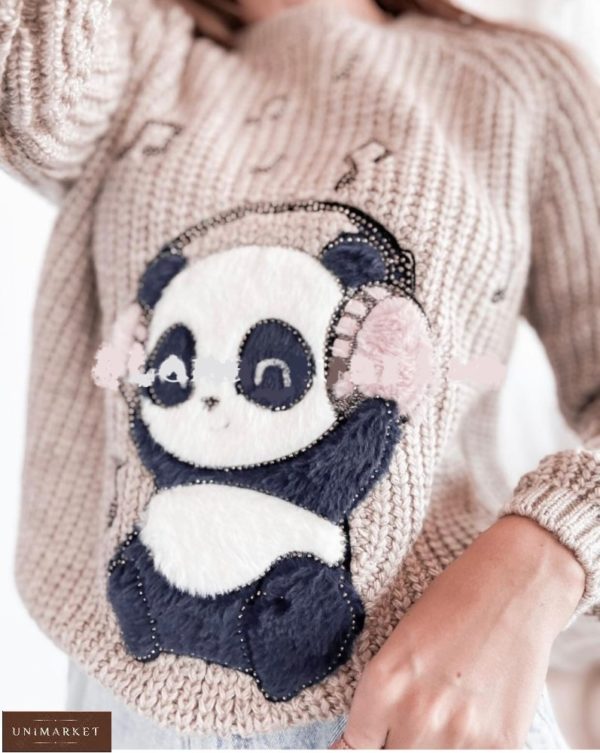 Придбати пудра жіночий в'язаний светр з принтом панда в навушниках в інтернеті на подарунок