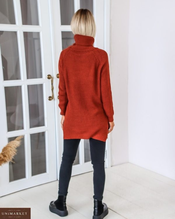 Купити жіночий подовжений кольору теракот светр з високим горлом (розмір 42-48) за низькими цінами