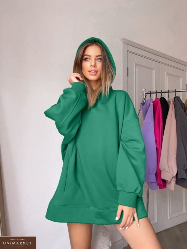 Купить зеленое оversize худи на флисе с карманами для женщин онлайн