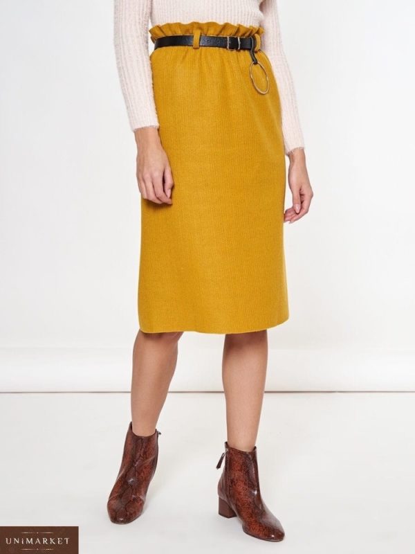 Заказать цвета горчица женскую трикотажную юбку миди с поясом на осень в интернете