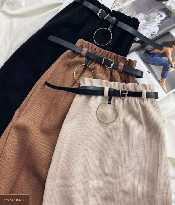 Приобрести коричневую, черную женскую трикотажную юбку миди с поясом на осень по низким ценам