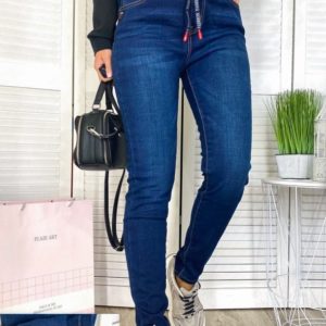 Купить женские теплые джинсы с флисом синие на резинке онлайн