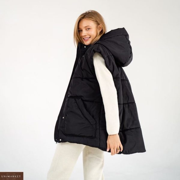Купить черный утеплённый водонепроницаемый жилет с поясом и карманами для женщин на осень по скидке