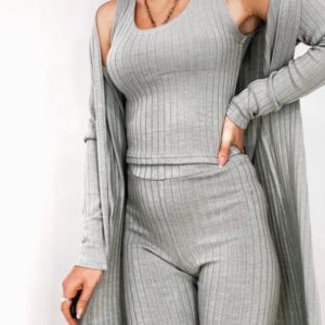 Купити сірого кольору костюм з ангори рубчик: кардиган, майка і штани для жінок в інтернеті