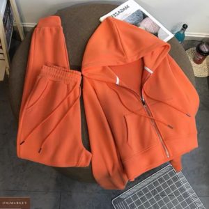Заказать оранжевый спортивный костюм на флисе с кофтой на змейке женский онлайн