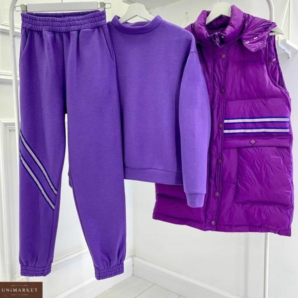 Замовити фіолетовий костюм для жінок на флісі зі світловідбиваючими стрічками + жилетка за низькими цінами