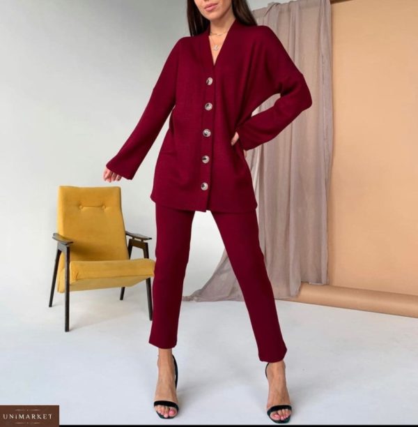 Купити марсала жіночий Прогулянковий костюм з ангори з кофтою на ґудзиках в інтернеті