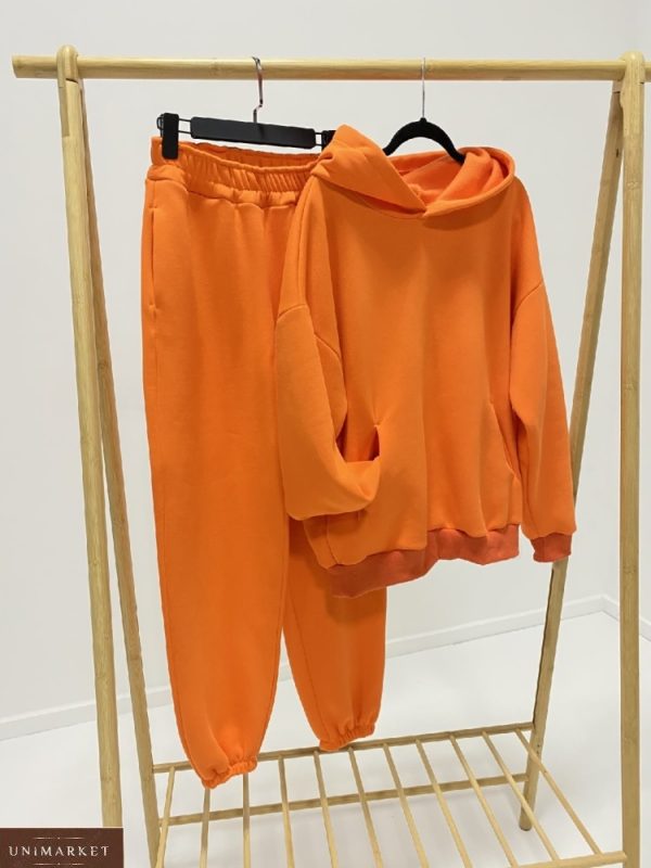 Приобрести оранжевый спортивный костюм с худи для женщин на флисе с карманами выгодно