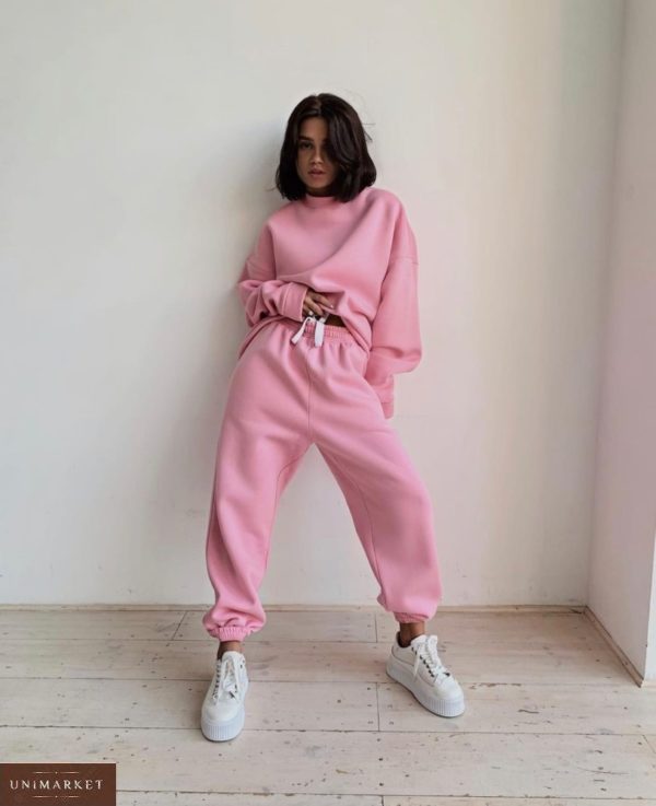 Купить женский костюм oversize на флисе свободного кроя (размер 42-52) розовый онлайн