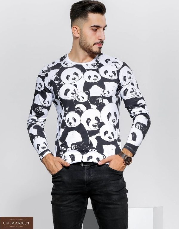 Замовити чоловічу чорно-білу кофту з пандами з довгим рукавом (розмір 48-54) недорого