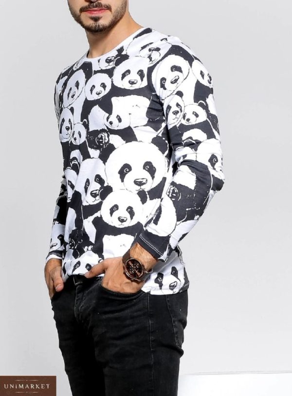 Купити на розпродажі чоловічу кофту з пандами з довгим рукавом (розмір 48-54) чорно-білу вигідно
