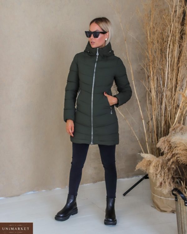 Приобрести хаки зимнюю куртку из матовой плащевки (размер 42-50) для женщин выгодно