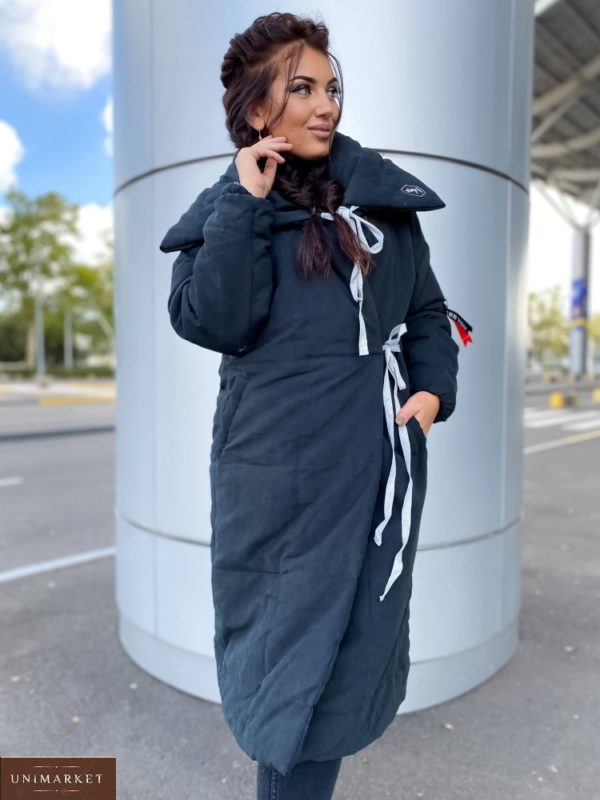 Замовити чорну жіночу водонепроникну куртку на зав'язках (розмір 42-56) недорого