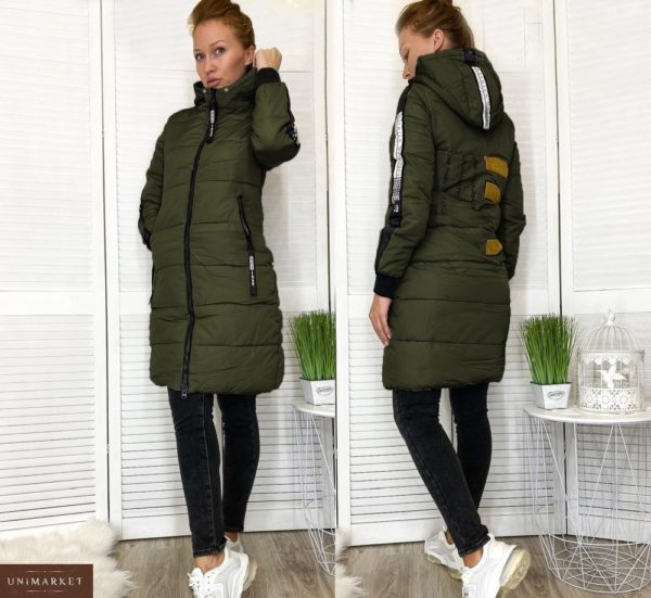 Приобрести женскую зимнюю удлиненную куртку с лампасами (размер 46-52) цвета хаки недорого