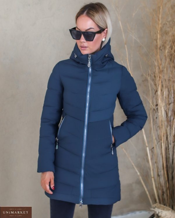 Купити синю зимову куртку жіночу з матової плащової тканини (розмір 42-50) в інтернеті