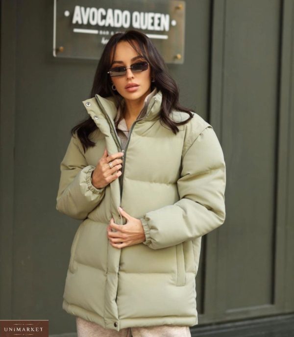 Купити кольору оливка жіночу куртку-трансформер зі знімними рукавами в інтернеті