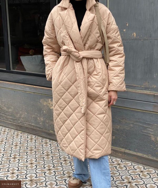 Заказать женское беж стёганное водоотталкивающее пальто с поясом (размер 42-52) по низким ценам